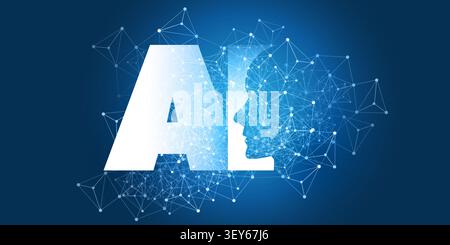 Dark Blue Machine Learning, intelligenza artificiale, cloud computing e concetto di reti globali con poligono trasparente, poligonale globale digitale ne Illustrazione Vettoriale