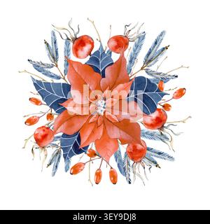 Disposizione del bouquet floreale di Natale con acquerello. Fiore rosso di punta circondato da foglie invernali blu intenso, rami di pino e bacche di rosehip rosso Foto Stock