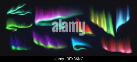 aurora boreale polare settentrionale sullo sfondo del cielo notturno. Realistiche onde luminose viola, blu, rosa e verde con effetto gradazione di colore. Abstract aurora boreale con forme fluenti e luminose Illustrazione Vettoriale