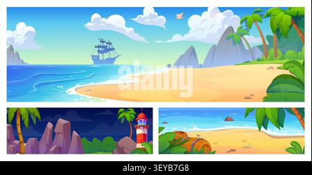 Set di banner cartoon per il paesaggio dell'isola tropicale. Spiaggia estiva con palme, sabbia e nave a vela nella laguna blu, foresta nella giungla, montagne e faro. Paesaggio tropicale dell'isola di giorno e di notte Illustrazione Vettoriale