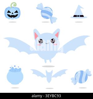 Adorabile vettoriale blu di Halloween con un simpatico pipipistrello, zucca, cappello da strega e calderone. Perfetto per adesivi, pianificatori e decorazioni spaventose. Isolat Illustrazione Vettoriale