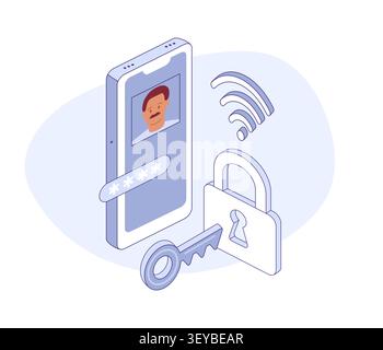 Telefono cellulare con avatar maschile. Accesso tramite password. Vista isometrica. Vettore per l'app di sicurezza, la schermata del profilo o la progettazione dell'autenticazione. Illustrazione Vettoriale