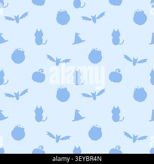 Adorabile motivo senza cuciture con silhouette color pastello Halloween blu su sfondo azzurro. Perfetto per sfondi, scrapbooking e fab Illustrazione Vettoriale