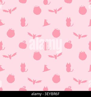 Adorabili icone rosa pastello della silhouette di Halloween con un motivo senza cuciture. Ideale per i temi rosa di Halloween, l'arredamento dei vivai e la confezione regalo natalizia. V piatta Illustrazione Vettoriale