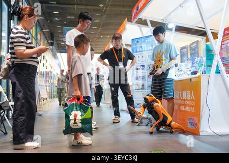(260703) -- PECHINO, 3 luglio 2026 (Xinhua) -- i visitatori imparano a conoscere un cane robot in una fiera di esperienze di economia digitale nell'area commerciale di Longfusi nel distretto di Dongcheng, Pechino, capitale della Cina, 2 luglio 2026. Giovedì a Pechino è iniziata la conferenza globale sull'economia digitale 2026. A margine dell'evento, la fiera Digital Economy Experience è stata aperta al pubblico presso la Longfu Mansion nell'area commerciale di Longfusi dal giugno 27, presentando nuovi scenari, nuovi risultati e nuovi formati di business nell'economia digitale. La fiera Experience ha raccolto oltre 40 tecnologie digitali Foto Stock