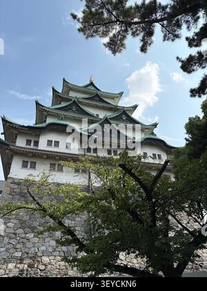 5 agosto 2025, Nagoya, Giappone - Vista dall'angolo basso dell'iconico tetto verde a più livelli del castello di Nagoya e delle pareti bianche incorniciate da alberi contro un cielo blu. Foto Stock