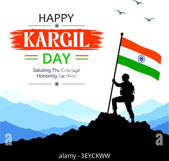 Buon giorno di Kargil con soldato indiano che regge la bandiera nazionale sul picco del monte Illustrazione Vettoriale