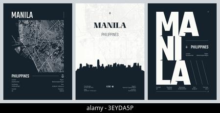 Mappa dettagliata della città Manila è la capitale e la seconda città più popolosa delle Filippine, grafica dello skyline, kit 2 Illustrazione Vettoriale