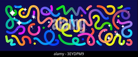 Elementi ritorti astratti a gradiente colorato dinamico: Linee, loop, strisce arcobaleno vorticose e trendy, forme curve isolate al neon lisce e geometriche Illustrazione Vettoriale