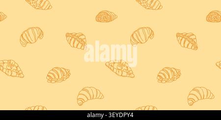 Motivo a croissant senza cuciture minimale con pasticcini francesi disegnati a mano su sfondo beige caldo, illustrazione accogliente di panetteria in stile scandinavo Illustrazione Vettoriale