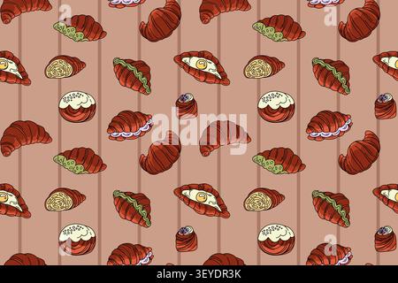 Modello senza cuciture di panetteria francese con croissant, pasticcini ripieni e dolci su sfondo marrone caldo, illustrazione alimentare disegnata a mano e accogliente Illustrazione Vettoriale