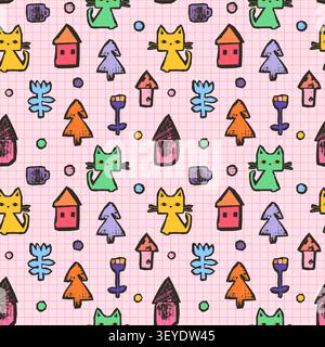 Colorato motivo vettoriale senza cuciture con ingenui disegni infantili di gatti, case e fiori in colori vivaci per abbigliamento e tessuti per bambini Illustrazione Vettoriale