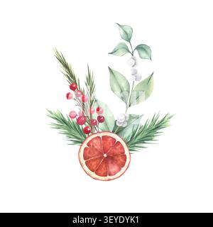 Rami di albero di Natale, snowberry, bacche rosse con fetta di arancia rossa essiccata. Illustrazione botanica ad acquerello. Elemento isolato su sfondo bianco. Per packaging, biglietti di auguri, design stagionale. Foto Stock