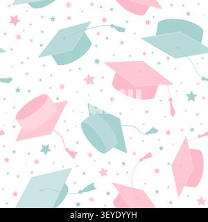 Cappelli graduati disegnati a mano con motivo senza cuciture in rosa e blu. Gender Party Baby Boy o Girl rivelano lo sfondo. Asilo nido, Vector Illustrazione Vettoriale