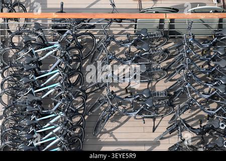 Vista dall'alto della flotta di biciclette parcheggiate in scaffali agganciati Foto Stock
