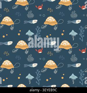 Simpatico motivo senza cuciture con tartaruga tropicale e meduse su sfondo scuro in stile scandinavo doodle. Illustrazione vettoriale disegnata a mano di creature marine e piante, coralli, abitanti subacquei. Motivo per cameretta per bambini. Illustrazione Vettoriale