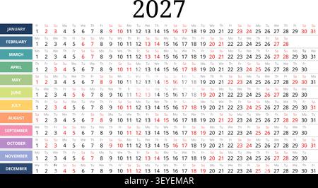 Modello di calendario annuale 2027 in inglese con righe orizzontali colorate Illustrazione Vettoriale
