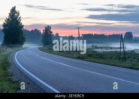 Strada di campagna vuota che si snoda attraverso la nebbia serale Foto Stock