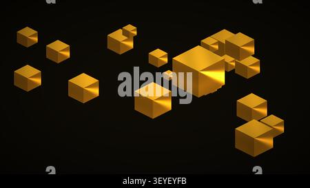 Una raccolta di cubi dorati di varie dimensioni viene visualizzata su uno sfondo nero pieno. Le superfici lucide riflettono la luce, creando una forma distinta Foto Stock