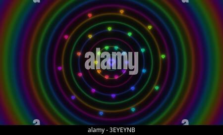 Questo design presenta cerchi concentrici colorati con piccole forme di cuore disposte a spirale. I colori brillanti creano un vivace e divertente Foto Stock