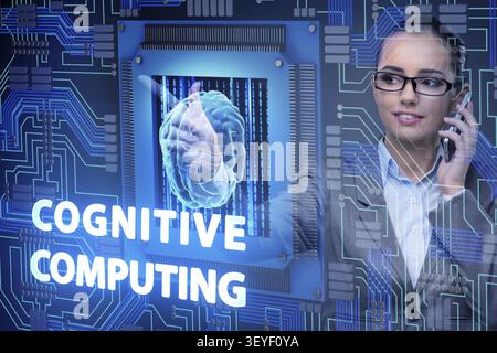 Cognitive concetto computive con la donna premendo i pulsanti Foto Stock