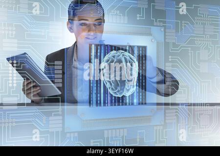 Cognitive concetto computive con la donna premendo i pulsanti Foto Stock