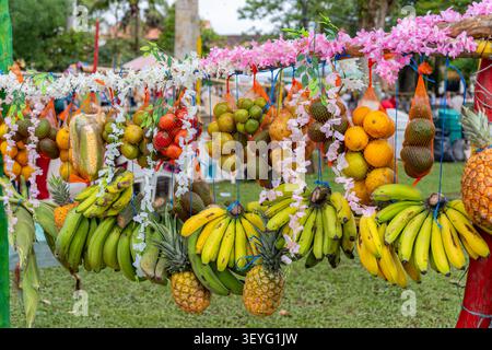 Colorati frutti tropicali appesi in vendita su una bancarella decorata all'aperto in un vivace mercato, che espone un'ampia varietà di prodotti freschi, tra cui banan Foto Stock