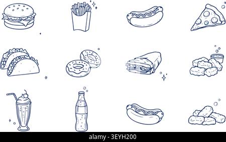 Set di doodle disegnati a mano di piatti da fast food come hamburger, pizza, taco e patatine fritte Illustrazione Vettoriale