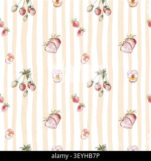 Motivo senza cuciture con fragole, frutti di bosco e fiori viola su sfondo a righe. Acquerello dipinto a mano con motivi floreali, design in frutta con AN giallo Foto Stock
