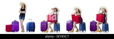 Donna con suitacases preparando per le vacanze estive Foto Stock