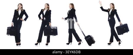Donna con suitacases preparando per le vacanze estive Foto Stock