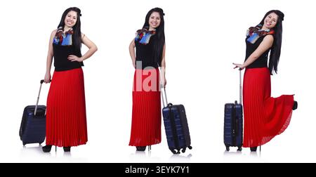 Donna con suitacases preparando per le vacanze estive Foto Stock