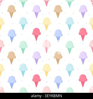 Adorabile motivo senza cuciture con vari coni di gelato pastello colorati su sfondo bianco. Perfetto per sfondi estivi, confezioni regalo e stampa in tessuto Illustrazione Vettoriale