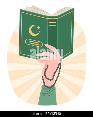 Mano umana che tiene in mano perline di preghiera al-Corano e Rosario per pregare a Dio per la scrittura islamica Sacro Libro e oggetti religiosi Concept Clip Art Illustrazione Vettoriale