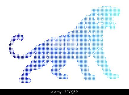 Una silhouette stilizzata di un leopardo in agguato composta da punti circolari blu e blu scuro, isolata su uno sfondo bianco pulito, digitale Illustrazione Vettoriale