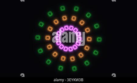 Il design presenta un motivo circolare fatto di forme luminose in verde, arancione, viola e rosa su sfondo nero. Questa visuale crea un occhio Foto Stock