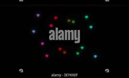 Le forme luminose del cuore in vari colori sono sparse su uno sfondo scuro. Questo design crea un motivo divertente e vivace adatto per decorati Foto Stock