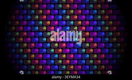 Questa scena presenta una griglia di varie forme geometriche colorate disposte in modo ordinato su uno sfondo nero. Le forme sono vivaci e creano uno striki Foto Stock