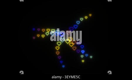 Forme di cuore luminose in vari colori disposte in un motivo astratto su uno sfondo scuro. I cuori creano un'atmosfera giocosa e vibrante. Foto Stock