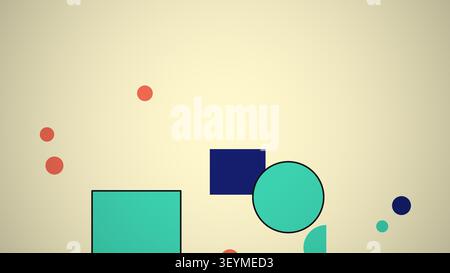 Diverse forme geometriche in vari colori sono disposte su uno sfondo chiaro. Il design presenta cerchi, quadrati e punti in un aspetto visivamente accattivante Foto Stock