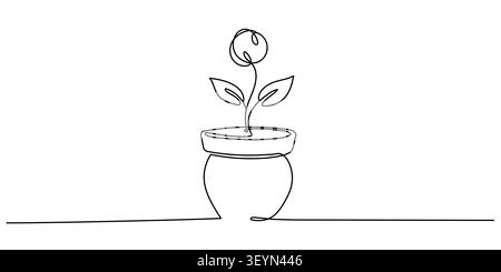 Disegno di fiori in vaso realizzato con una linea continua, icona del prodotto organico modificabile, disegno di piante della casa o disegno di fiori realizzato con una linea continua Illustrazione Vettoriale