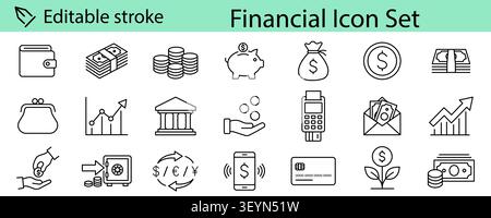 Icona finanziaria minimalista impostata con stile tratto modificabile. Include le icone della linea di portafoglio, contanti, monete, salvadanaio, borsa per denaro, carta di credito, banca Illustrazione Vettoriale
