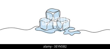 Un disegno continuo di cubetti di ghiaccio con piscina di acqua di fusione. Illustrazione vettoriale dei cubetti di zucchero fuso astratto minimalista. Traccia modificabile. Illustrazione Vettoriale