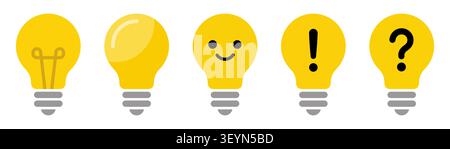 Set di icone della lampadina con domanda, punto esclamativo e volto sorridente. Illustrazione del vettore idea Concept Illustrazione Vettoriale