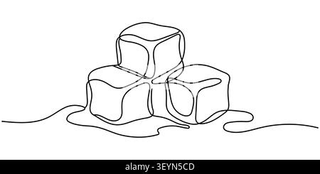 Un disegno continuo di cubetti di ghiaccio con piscina di acqua di fusione. Illustrazione vettoriale dei cubetti di zucchero fuso astratto minimalista. Traccia modificabile. Illustrazione Vettoriale
