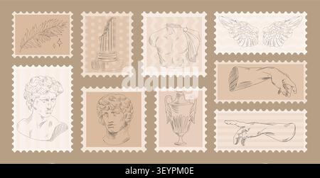 Francobolli greci antichi con colonne classiche, sculture e disegni di piante. Illustrazione vettoriale di antichi simboli della cultura mediterranea disegnati a mano in cornici postali, viaggi o progetti storici Illustrazione Vettoriale