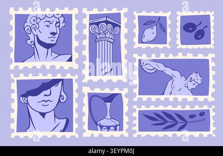 Francobolli greci antichi con colonna classica, scultura, design blu vintage. Illustrazione vettoriale di antichi simboli della cultura mediterranea disegnati a mano in cornici postali, viaggi, schemi storici Illustrazione Vettoriale