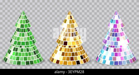 Set vettoriale di alberi di Natale in 3d con texture a specchio. Elementi di design in abete natalizio a mosaico con piastrelle glitter olografiche verdi, oro Illustrazione Vettoriale