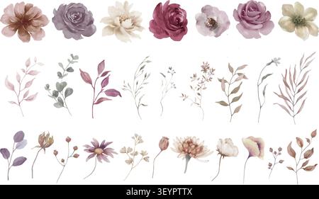 Set di elementi floreali autunnali con acquerello Boho, Clipart dei fiori per matrimoni autunnali, rami vettoriali botanici viola e rosa tortuosa per il design Illustrazione Vettoriale