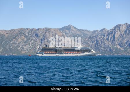 Naviera da crociera che naviga attraverso la baia di Kotor circondata da montagne drammatiche in Montenegro. Foto Stock